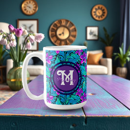 Pretty Purple and Teal Blue Floral Personalized コーヒーマグカップ