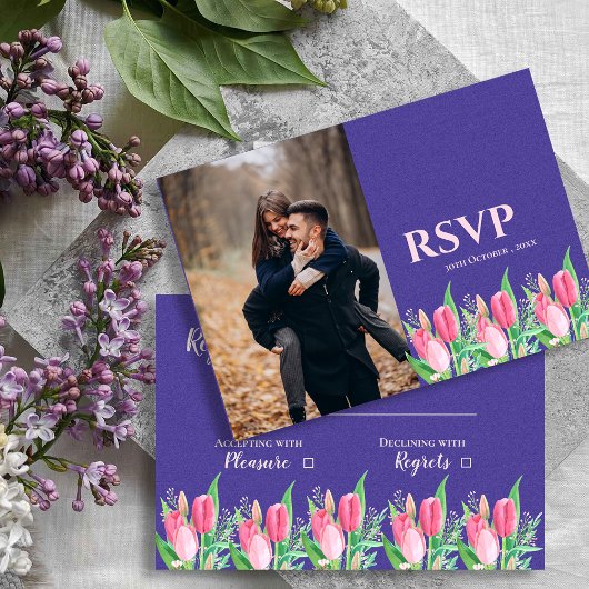  Pretty Purple & Blush Tulip Floral Photo Wedding 出欠カード