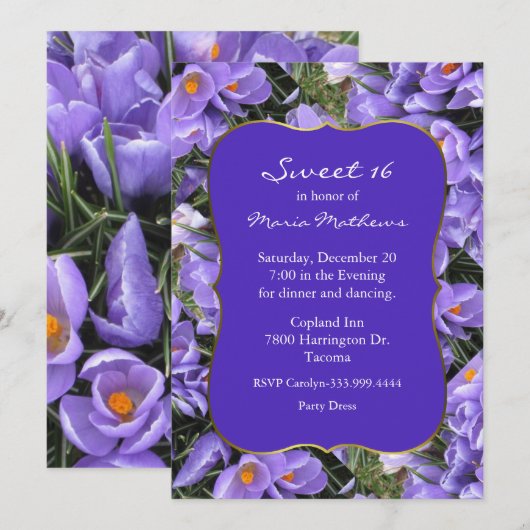 Pretty Purple Crocus Sweet 16 Birthday Invitation 招待状 (正面/裏面)