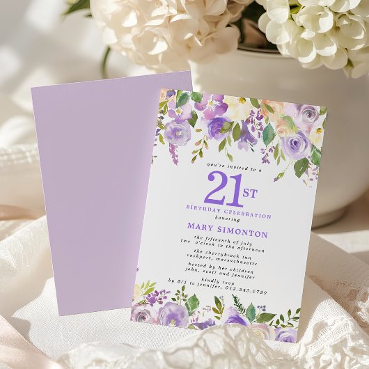 Pretty Purple Floral 21st Birthday Party 招待状