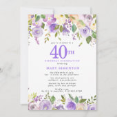 Pretty Purple Floral 40th Birthday Party 招待状 (正面)