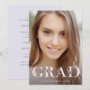 Pretty Purple Floral Text フォト 卒業パーティー 招待状