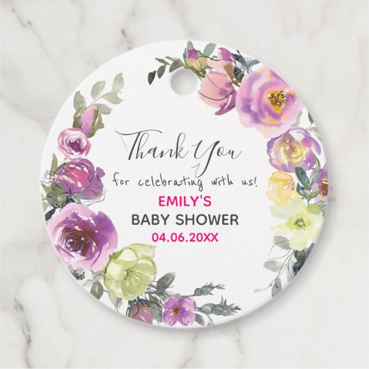 Pretty Purple Floral Wreath ベビーシャワーのお礼 フェイバータグ (正面)