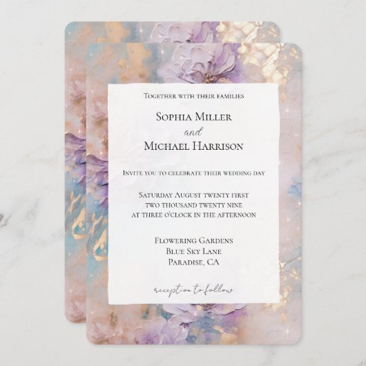 Pretty Purple Gold Floral Wedding 招待状 (正面/裏面)