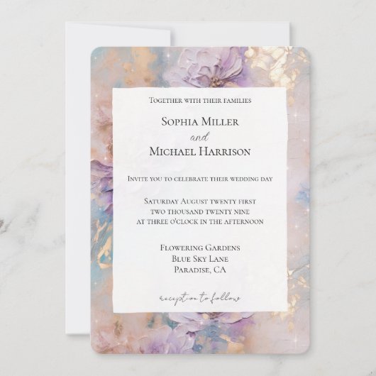 Pretty Purple Gold Floral Wedding 招待状 (正面)