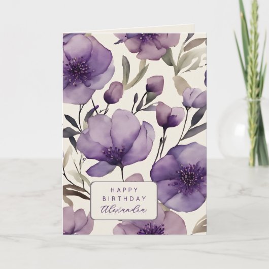 Pretty Purple Pansies Custom Name Birthday カード (正面)