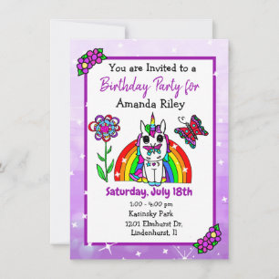 Pretty Purple Unicorn and Rainbow Girlの誕生日 招待状