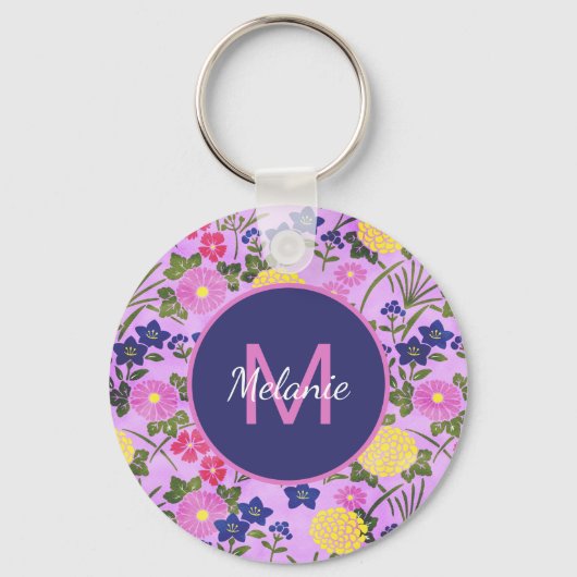 Pretty Purple Vintage Flower Pattern Personalised キーホルダー (正面)