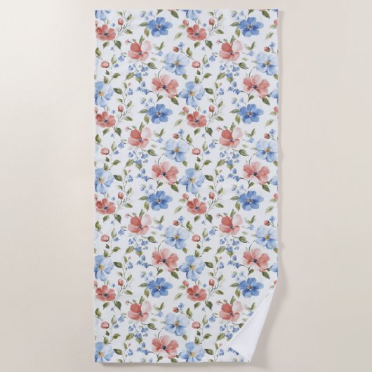 Pretty Red Blue Flowers ビーチタオル (正面)