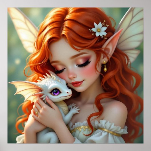 Pretty Red Haired Fairy with Dragon ポスター (正面)