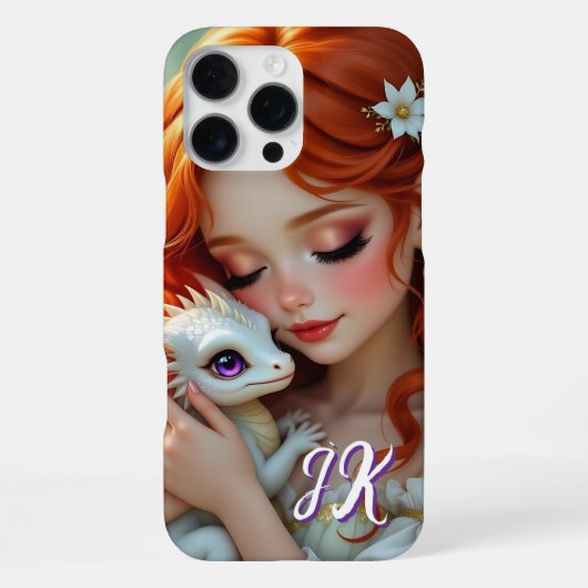 Pretty Red Haired Fairy with Dragon Monogrammed iPhoneケース (裏面)