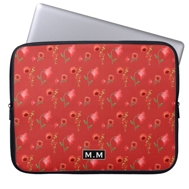 Pretty Red Poppies Pattern Monogram ラップトップスリーブ (正面)