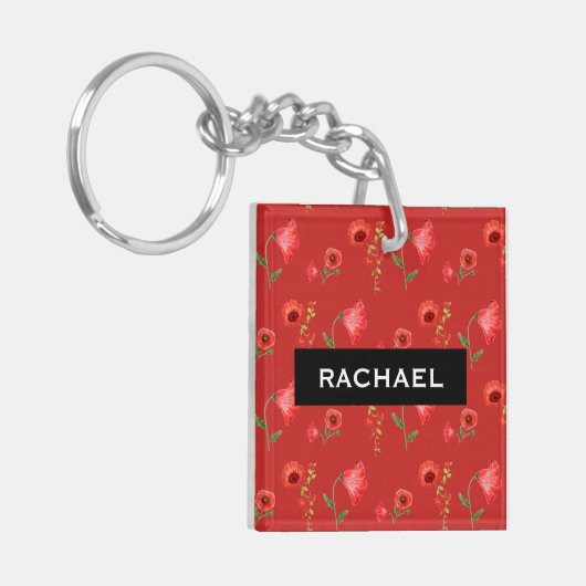 Pretty Red Poppies Pattern Personalised キーホルダー (正面左)