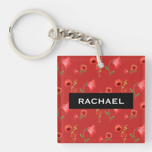 Pretty Red Poppies Pattern Personalised キーホルダー (正面)