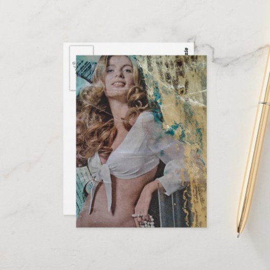 Pretty Retro lady with pearls Mixed media collage ポストカード (正面/裏面インサイチュ)