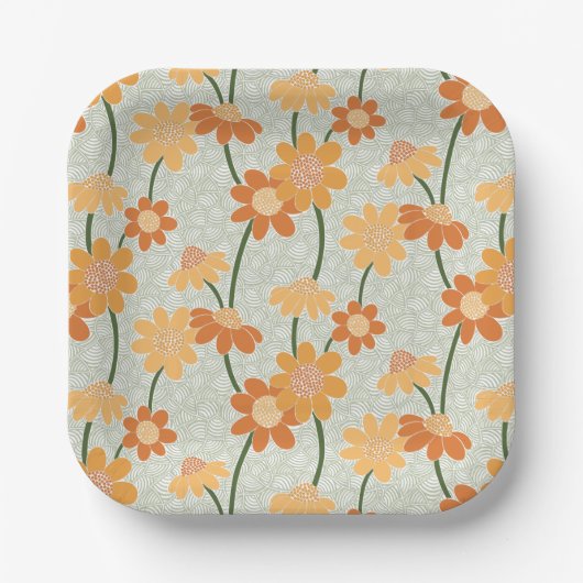 Pretty retro muted 1970s flowers ペーパープレート (正面)