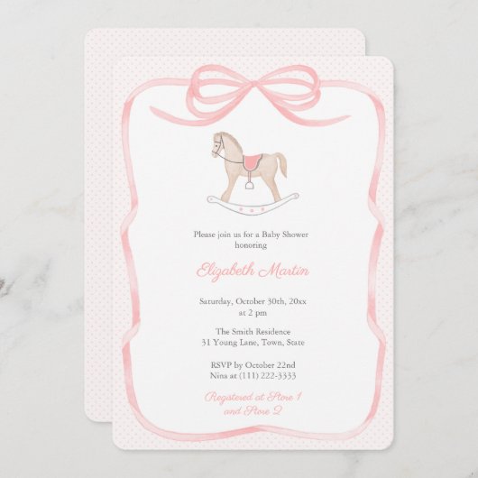 Pretty Rocking Horse Pink Bow Girl Baby Shower 招待状 (正面/裏面)