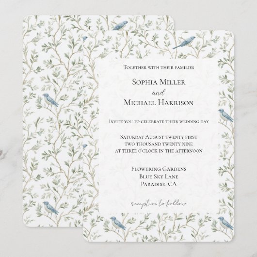 Pretty Romantic Blue Birds Dream Wedding 招待状 (正面/裏面)
