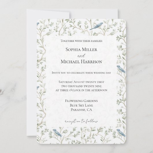 Pretty Romantic Blue Birds Dream Wedding 招待状 (正面)