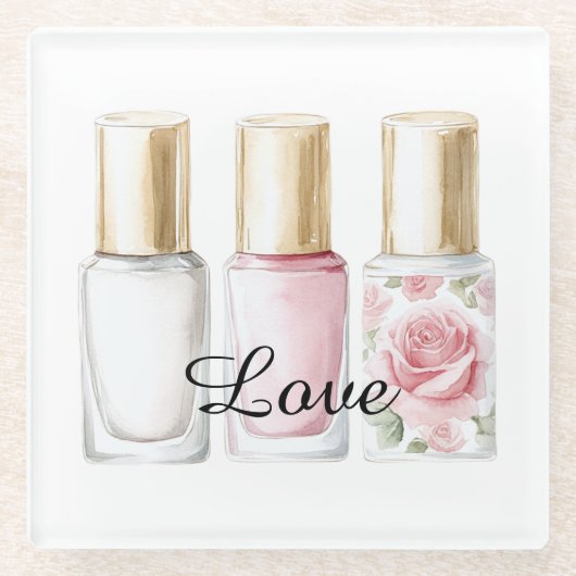 Pretty Rose Blush Pink Floral Nail Polish ガラスコースター (正面)