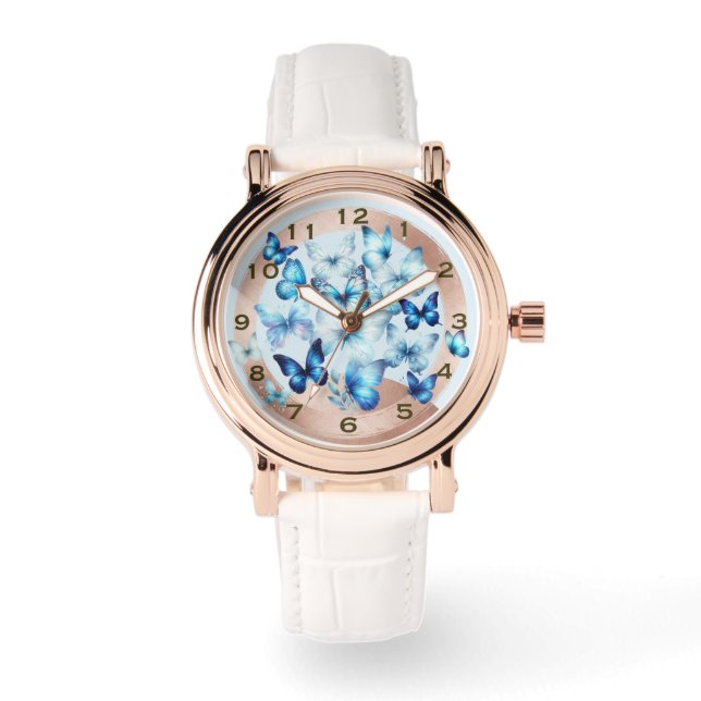 Pretty Rose Gold Look Blue Butterfly eWatch Watch 腕時計 (正面)