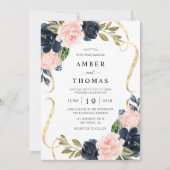 Pretty Rustic Blush Navy Floral Wedding Invitation 招待状 (正面)