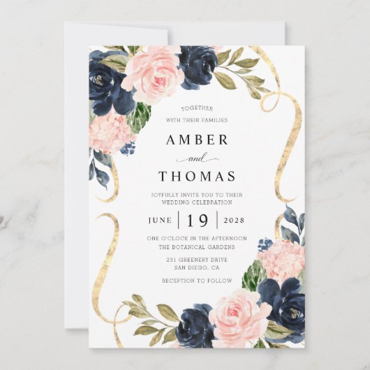 Pretty Rustic Blush Navy Floral Wedding Invitation 招待状 (正面)
