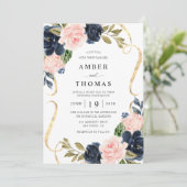 Pretty Rustic Blush Navy Floral Wedding Invitation 招待状 (スタンド正面)