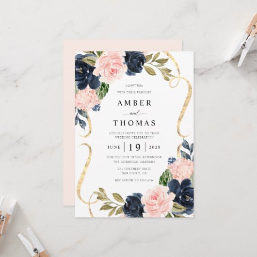 Pretty Rustic Blush Navy Floral Wedding Invitation 招待状 (正面/裏面インサイチュ)