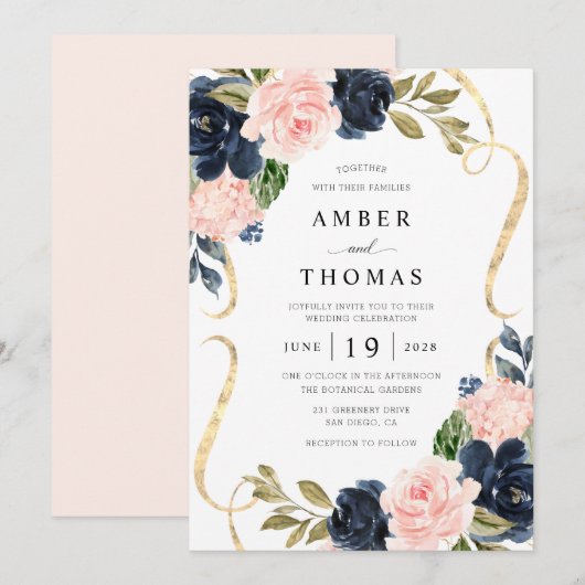 Pretty Rustic Blush Navy Floral Wedding Invitation 招待状 (正面/裏面)