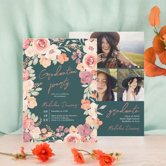 Pretty rustic boho floral teal 3 photos graduation 招待状
