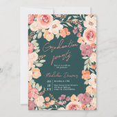 Pretty rustic boho floral teal 3 photos graduation 招待状 (正面)