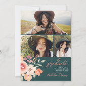 Pretty rustic boho floral teal 3 photos graduation 招待状 (裏面)