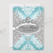 Pretty Silver Blue Damask & Tiara Quinceanera 招待状 (正面)
