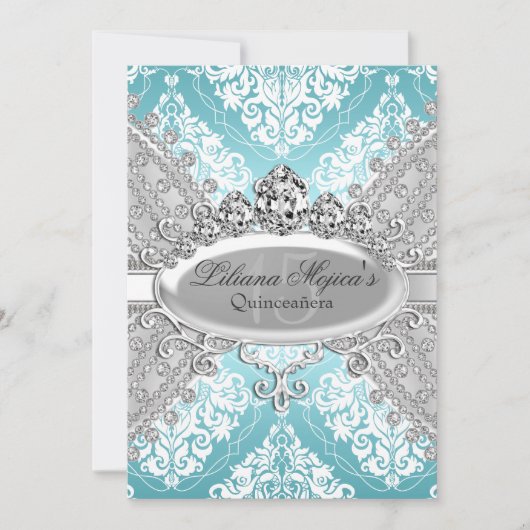 Pretty Silver Blue Damask & Tiara Quinceanera 招待状 (正面)