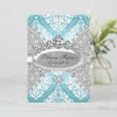 Pretty Silver Blue Damask & Tiara Quinceanera 招待状 (スタンド正面)