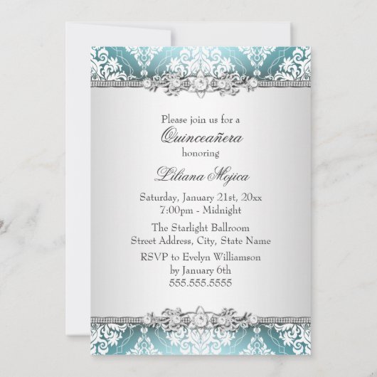 Pretty Silver Blue Damask & Tiara Quinceanera 招待状 (裏面)