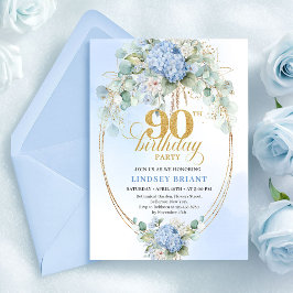 Pretty Soft Blue Hydrangea Gold 90th Birthday Card 招待状