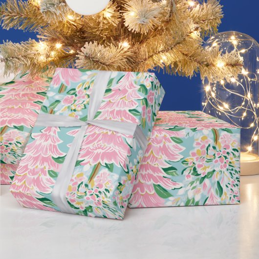 Pretty Soft Pastel Pink & Teal Pine Trees Holiday  ラッピングペーパー (クリスマス)