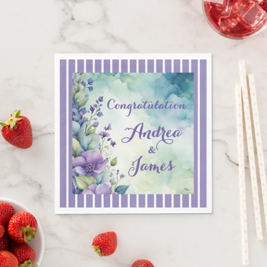 Pretty Stripped Lavender and Floral スタンダードランチョンナプキン (インサイチュ)