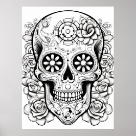 Pretty Sugar Skull Image Black + White Art on Wall ポスター