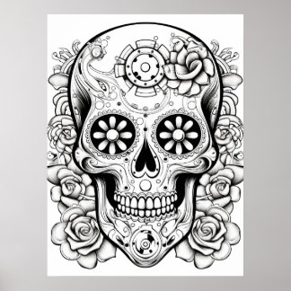 Pretty Sugar Skull Image Black + White Art on Wall ポスター