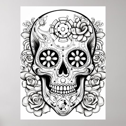 Pretty Sugar Skull Image Black + White Art on Wall ポスター (正面)