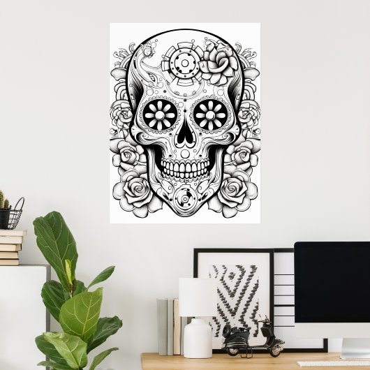 Pretty Sugar Skull Image Black + White Art on Wall ポスター (ホームオフィス)