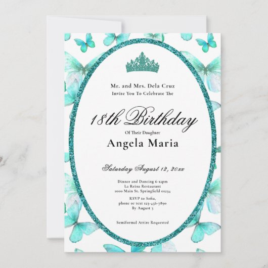 Pretty Teal Butterflies 18th Birthday Debut 招待状 (正面)