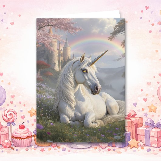 Pretty Unicorn and Fairytale Castle Birthday カード