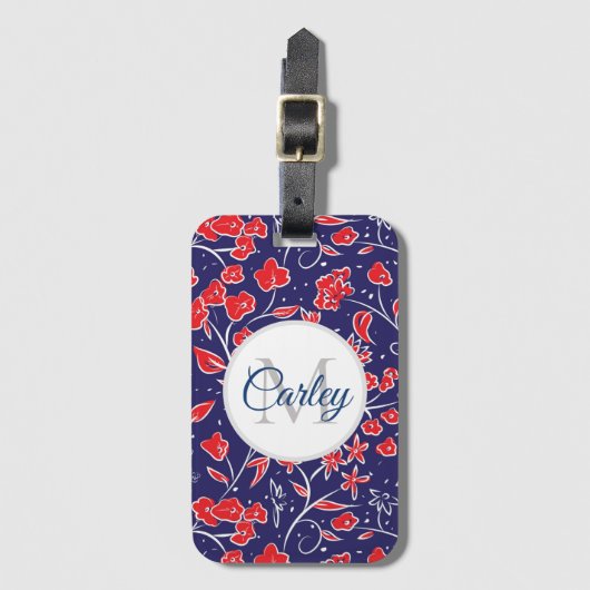 Pretty Vibrant Red Blue Floral Personalised  ラゲッジタグ (正面縦)