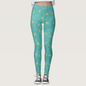 Pretty Vibrant Teal with Gold Glowing Stars レギンス (正面)
