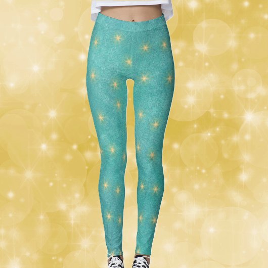 Pretty Vibrant Teal with Gold Glowing Stars レギンス