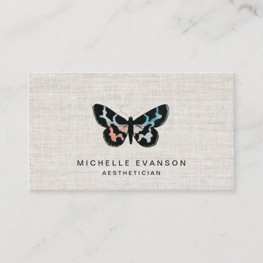 Pretty Watercolor Butterfly Logo Elegant Linen 名刺 (正面)